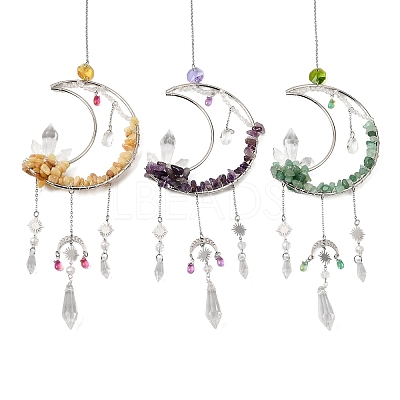 3Pcs 3 Styles Moon Natural Amethyst & Green Aventurine & Topaz Jade & 304 Stainless Steel & Brass Suncatchers HJEW-TA00488-1