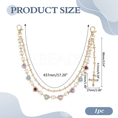 Alloy & Imitation Pearl & Colorful Acrylic Rhinestone Heart Link Double Layer Chains for Pants AJEW-ME0002-81-1