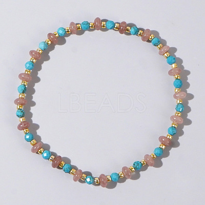 Beach Vacation Style Natuarl Strawberry Quartz & Synthetic Turquoise Beaded Stretch Bracelet Women RO9590-6-1