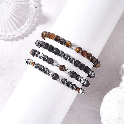 4Pcs Natural & Synthetic Mixed Gemstone Round Beads Stretch Bracelets for Women BJEW-JB12556-1