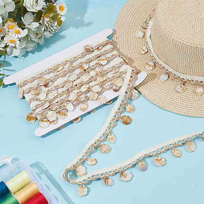 4 Yards Cotton Thread & Linen & Shell Beaded Trim Ribbon OCOR-DR0001-24B-1