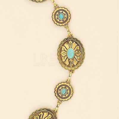 Oval Flower Alloy with Dyed Synthetic Turquoise Link Chain Waist Belly Chains for Women FS-WG9F428-01-1