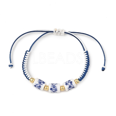Adjustable Handmade Chinoiserie Floral Printed Porcelain Column Beads & Brass Braided Bead Bracelets for Women BJEW-JB14210-1
