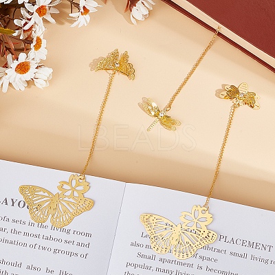 3Pcs 3 Styles Butterfly & Butterfly & Dragonfly Filigree Brass Bookmark with Chains AJEW-SC0002-93G-1