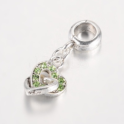 Heart Antique Silver Plated Alloy Rhinestone European Dangle Charms Large Hole Pendants MPDL-K014-M-1