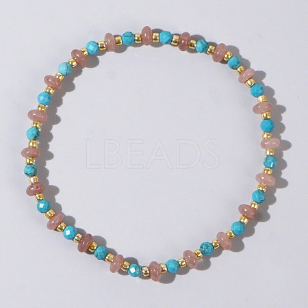 Beach Vacation Style Natuarl Strawberry Quartz & Synthetic Turquoise Beaded Stretch Bracelet Women RO9590-6-1