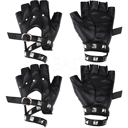 2 Pairs PU Leather Biker Punk Gloves with Belt AJEW-CL0003-02-1