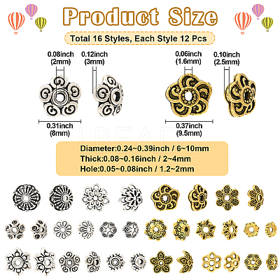 192Pcs 16 Styles Tibetan Style Alloy Bead Caps FIND-PA0001-07-1
