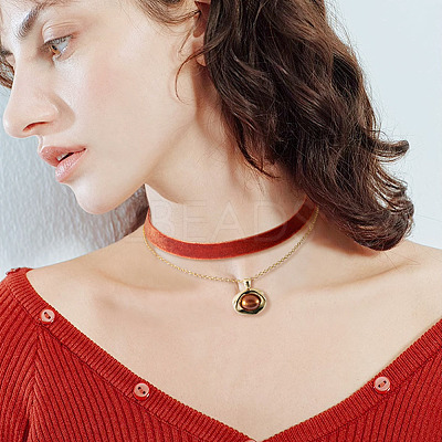 Alloy Resin Oval Pendant Single Face Dark Red Velvet Ribbon & Brass Chain Double Layered Choker Necklaces NJEW-TAC0038-1