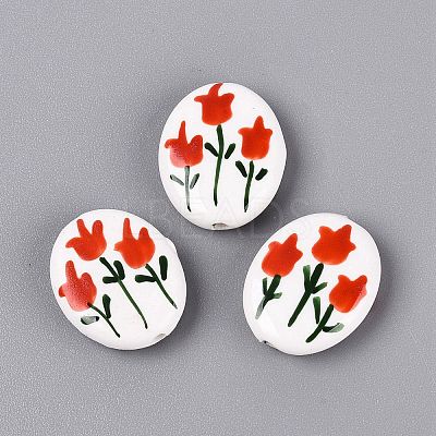 Hand Painted Tulip Flower Oval Porcelain Beads PORC-N012-11A-1