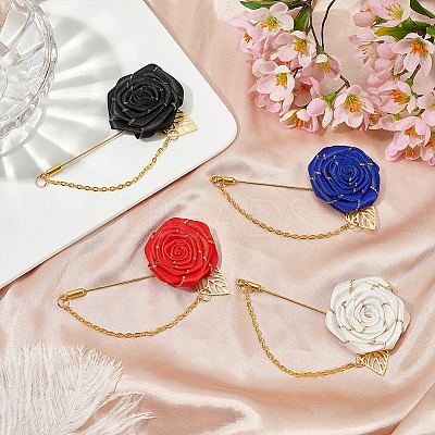 4Pcs 4 Colors Rose Polyester Lapel Pin Brooches for Men JEWB-FG0001-20-1