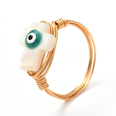 Cross with Evil Eye Natural Shell Finger Rings for Girl Women RJEW-JR00394-02-1