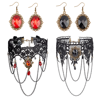 Resin Oval Pendant Dangle Earrings and Lace Choker Necklaces AJEW-PH0004-17-1