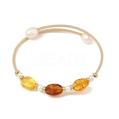 Oval Natural Amber and Pearl Cuff Bangles BJEW-JB14490-1
