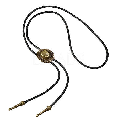 1Pc West Cowboy Hat Tibetan Style Alloy Pendant Black PU Leather Cord Bolo Tie Lariat Necklaces NJEW-GF0001-24B-1