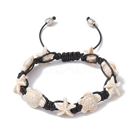 Synthetic Turquoise Starfish & Turtle Braided Bead Bracelet X-BJEW-TA00388-02-1