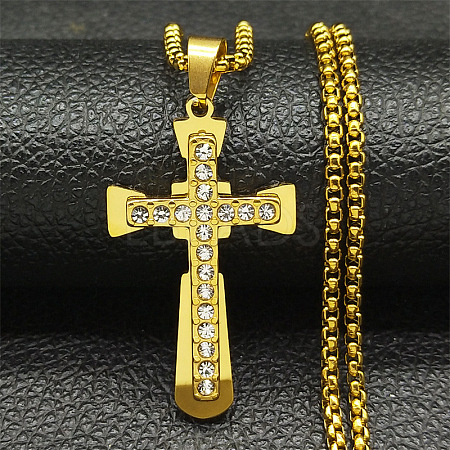 201 Stainless Steel Crystal Rhinestone Religion Cross Pendant Necklaces NJEW-H065-08G-1
