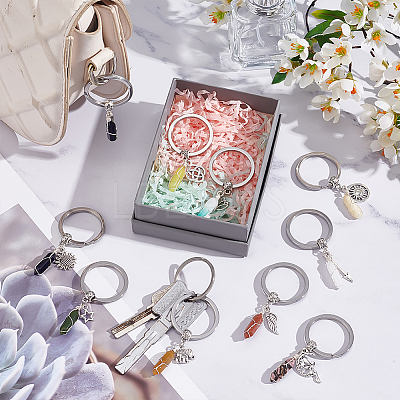 Double Terminated Point Gemstone Pendant Keychain with Tibetan Style Alloy Charm KEYC-AB00018-1