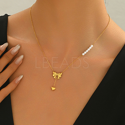 Stainless Steel & Imitation Pearl Bowknot Heart Pendant Necklaces for Women Daily Wear YC4857-1