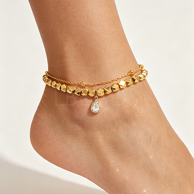 Elegant Brass Glass Teardrop Charm Double-Layer Foot Chain Anklets for Women NE9824-1