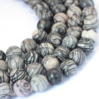 Natural Black Silk Stone/Netstone Round Bead Strands G-E334-12mm-05-1