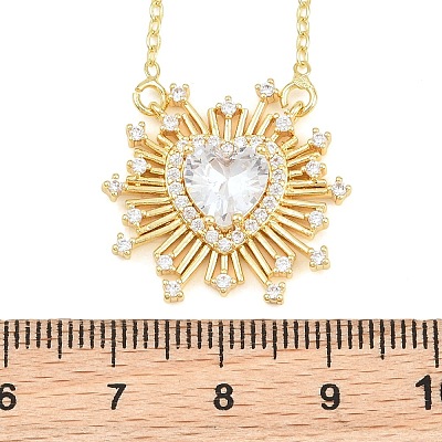 Brass Pave Clear Cubic Zirconia and Glass Heart Pendant Necklaces KK-CBA4547-11G-1