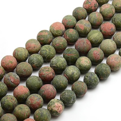 Natural Frosted Unakite Round Bead Strands G-M064-10mm-06-1