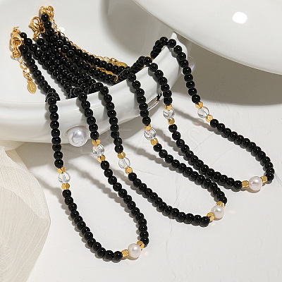 Elegant Round Natural Black Onyx(Dyed & Heated) & Glass & Freshwater Pearl Beaded Necklaces WB9753-1