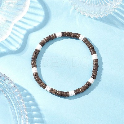 2Pcs 2 Styles Natural Coconut & White Shell Flat Round Beads Stretch Bracelets for Men Women BJEW-JB12460-1