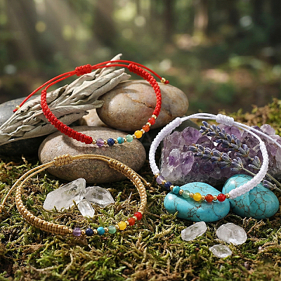 3Pcs Adjustable Chakra Natural & Synthetic Mixed Stone Round Bead Braided Bracelet Sets ZZ4943-8-1