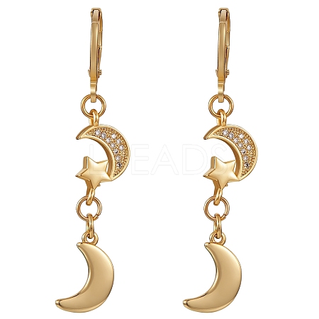 Clear Cubic Zirconia Moon and Star Dangle Leverback Earrings EJEW-SW00011-09-1