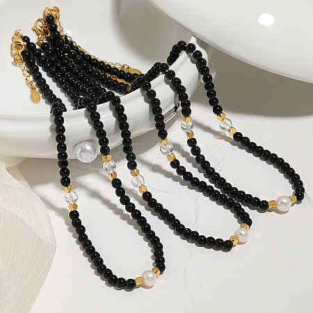 Elegant Round Natural Black Onyx(Dyed & Heated) & Glass & Freshwater Pearl Beaded Necklaces WB9753-1