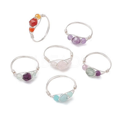 6Pcs Round Natural Rose Quartz & Amethyst & Fluorite & Carnelian & Amazonite & Red Agate Finger Ring RJEW-JR00755-S-1