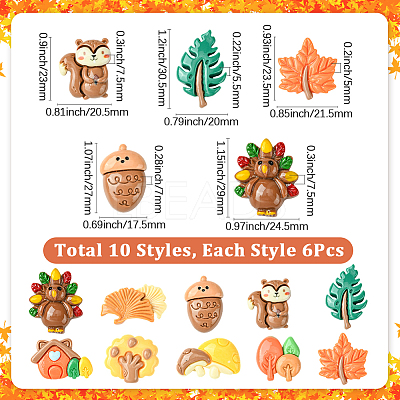 60Pcs 10 Styles Autumn Theme Resin Cabochons RESI-SC0006-37-1