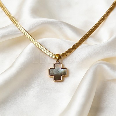 Natural Black Lip Shell Brass Religion Cross Pendant 304 Stainless Steel Flat Snake Chain Necklaces for Unisex WGD3FF7-02-1