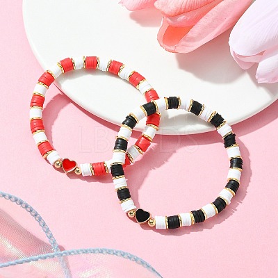 2Pcs 2 Color Polymer Clay Disc Heishi Surfer Stretch Bracelets Set BJEW-JB09790-1