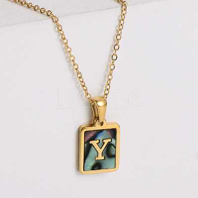 304 Stainless Steel Pave Natural Paua Shell Rectangle Initial Pendant Necklaces for Women FS-WG38E89-25-1