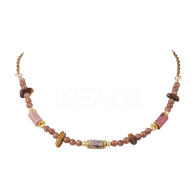 Natural Tiger Eye Chip & Round Persian Jade & Column Rhodonite Beaded Necklaces for Women NJEW-JN05633-1