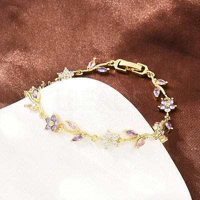 Brass Pave Cubic Zirconia Flower Link Chain Bracelets for Women KK-CBA68DA-14G-07-1