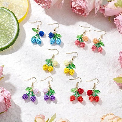 Flower with Cherry 304 Stainless Steel Glass Seed Beads Dangle Earrings EJEW-MZ00419-1