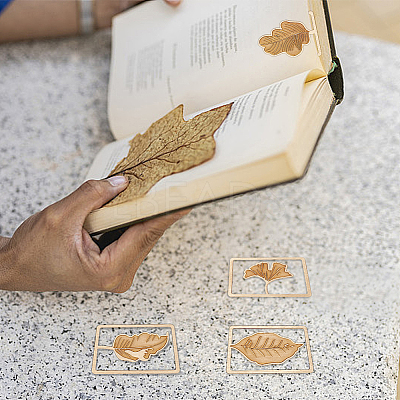 16Pcs 4 Styles Brass Rectangle with Leaf Bookmarks AJEW-DR0001-70-1