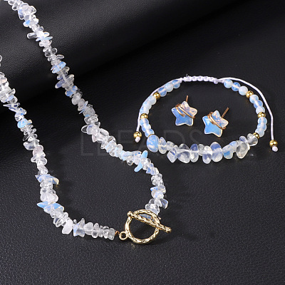 Opalite Chip with 304 Stainless Steel Beaded Necklace & Braided Bead Bracelet & Star Stud Earring FS-WG0BBF5-04-1