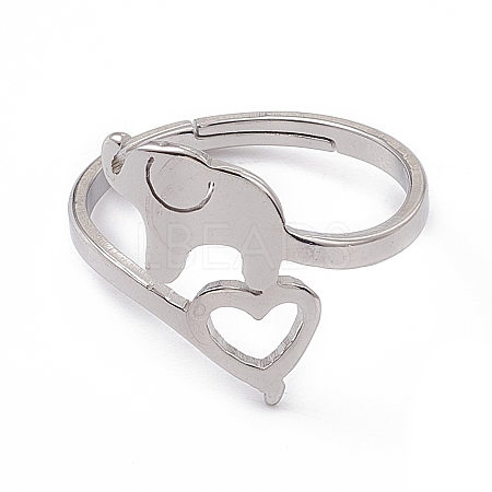 201 Stainless Steel Elephant with Heart Adjustable Ring for Women RJEW-K238-07P-1