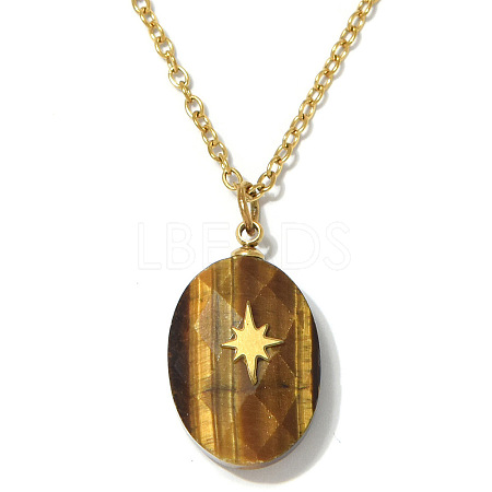 Natural Tiger Eye Faceted Oval Pendant 304 Stainless Steel Cable Chain Necklaces for Women WG4FB82-02-1