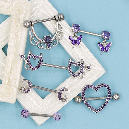 6 Styles 316L Surgical Stainless Steel Cubic Zirconia Nipple Nail Ring Sets WGE45DD-07-1