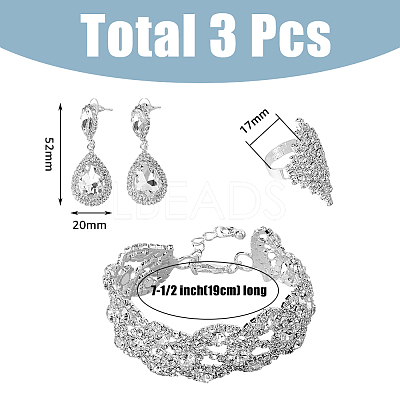 Crystal Rhinestone Teardrop Dangle Stud Earrings & Chain Bracelet & Rhombus Adjustable Ring SJEW-FI0001-19-1