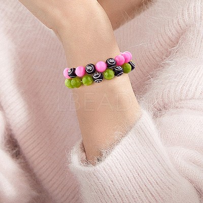 Green Yellow Natural Yellow Jade Round Beaded Stretch Bracelet BJEW-SW00077-06-1