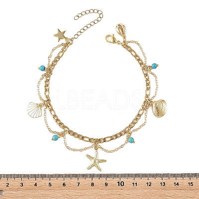 Ocean Synthetic Turquoise Beads & Alloy Starfish Shell Shape Charm Anklets with 304 Stainless Steel Cable Chain Tassel for Women AJEW-TA00069-1