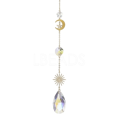 Glass Crystal Balls & Brass Sun Moon Pendant Ornament HJEW-JM02158-1