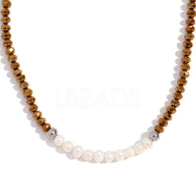 Fashion European Style Pearl Pendant Necklace for Women Handcrafted Stainless Steel Freshwater Pearl Deep Cut Crystal AX4759-1-1